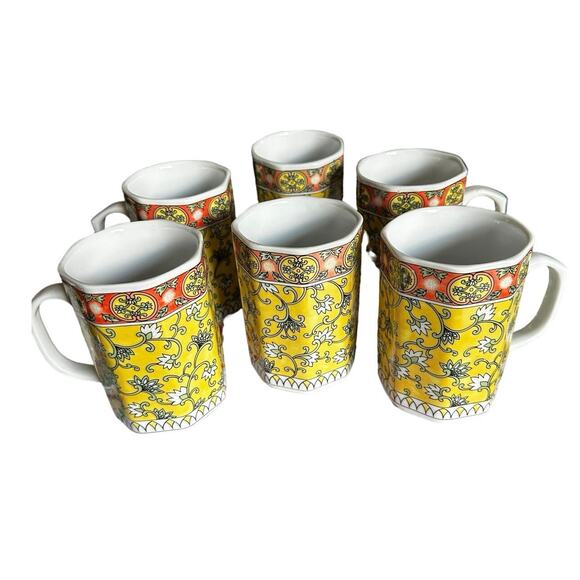 Vintage Yellow & Red Octagon, Floral Paisley Tea, Coffee Cup, Set of 6 (RARE) - Picture 1 of 6